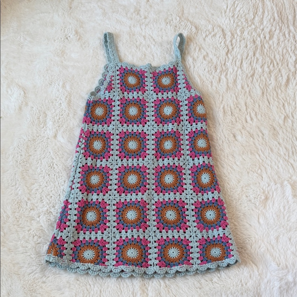 Zara Crocheted Sundress in Light Blue with Pink and Brown Accents